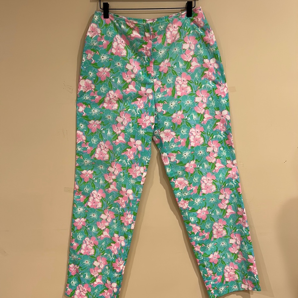 Vintage The Lilly Lilly Pulitzer Turquoise Pants With Pink Flowers Sz 16/Large